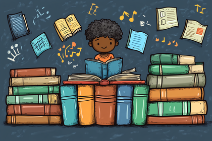 Boy Reading Surrounded by Books