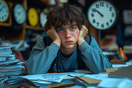 Boy Surrounded by Clocks and Papers