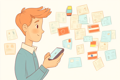 Boy Using Smartphone with Documents and Flags