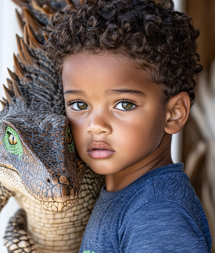 Boy with Dinosaur Statue