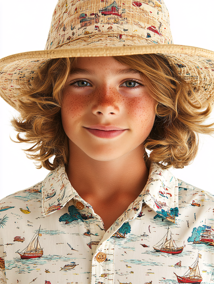 Boy with Freckles and Patterned Hat