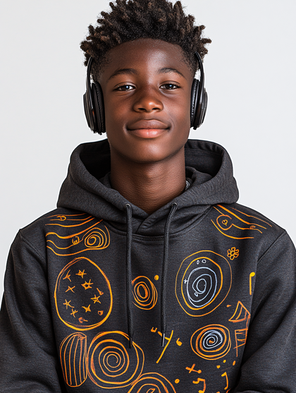 Boy with Headphones Wearing Patterned Hoodie