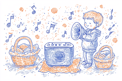 Boy With Megaphone And Laundry Baskets