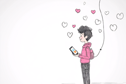 Boy with Smartphone and Floating Hearts