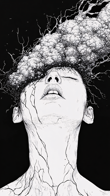 Brain Cloud Woman in Black and White