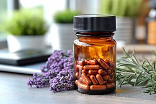 Brown Pill Bottle With Lavender And Rosemary