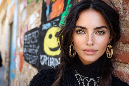 Brunette Woman Portrait Against Graffiti Wall