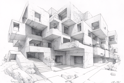 Brutalist Cube Architecture Sketch