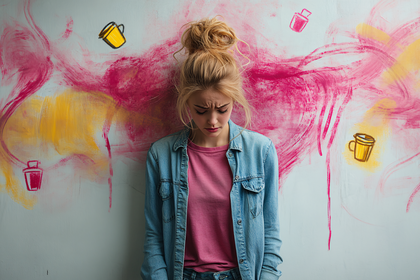 Burdened Woman with Artistic Backdrop
