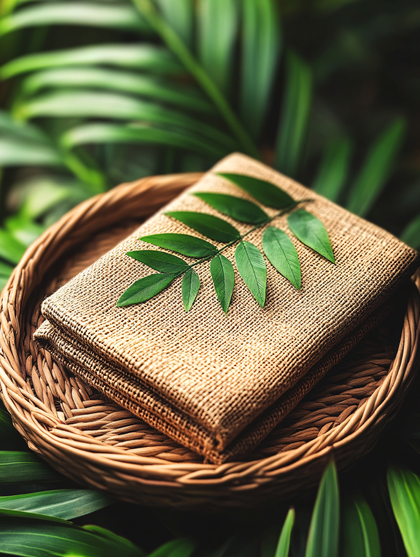 Burlap Cloth In Wicker Basket With Green Leaves