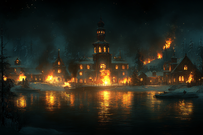 Burning Village At Night