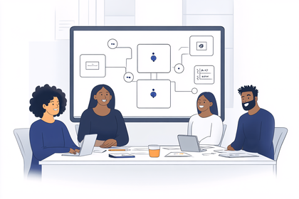 Team of freight forwarding professionals collaborating using digital business tools.