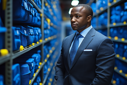 Businessman In Blue Suit Standing In Warehouse