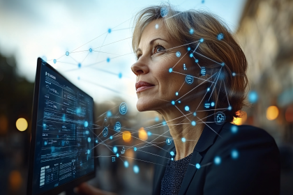 Businesswoman Analyzing Network Data on Digital Screen
