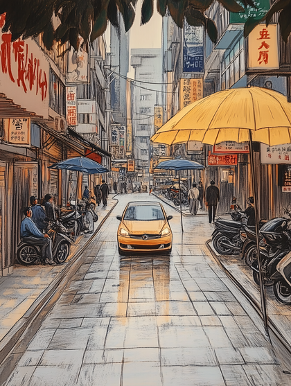 Busy City Street Scene with Yellow Car and Umbrellas