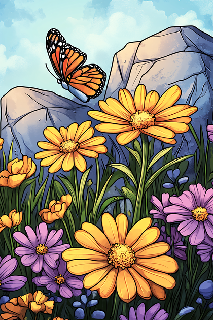 Butterfly Among Colorful Flowers