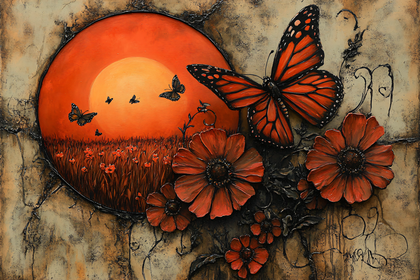 Butterfly and Floral Sunset Scene
