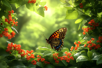 Butterfly On Red Flowers