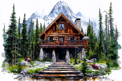 Cabin In Mountain Forest Watercolor