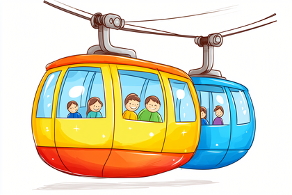 Free Download Cartoon Cable Cars with Happy Passengers Riding in Gondolas