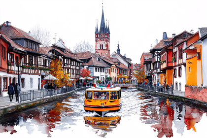 Canal Boat in Colorful Town