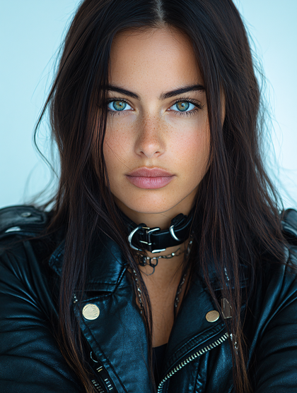Captivating Gaze of a Woman in Leather Jacket