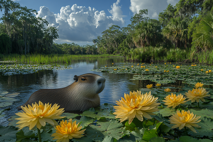 Capybara Amidst Yellow Water Lilies