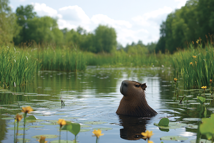 Capybara Peeking Out Of Water Surrounded By Lily Pads And Yellow Flowers