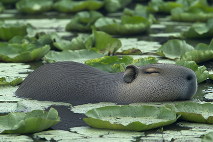 Capybara Resting in Lily Pads