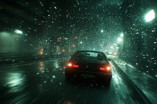 Car Driving in Heavy Rain at Night