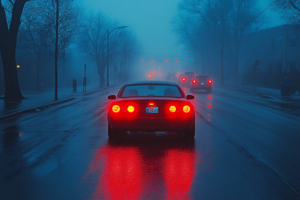Foggy City Street with Car Tail Lights