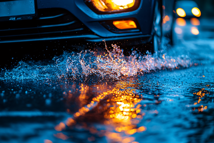 Car Splashing Water in Rain