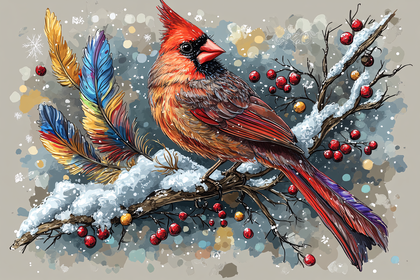 Cardinal Bird on Snowy Branch