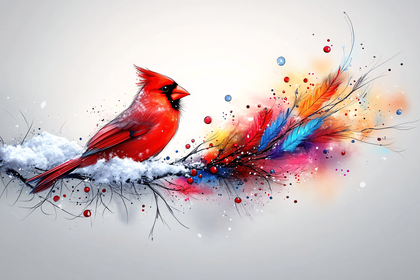 Cardinal On Snowy Branch With Colorful Splashes
