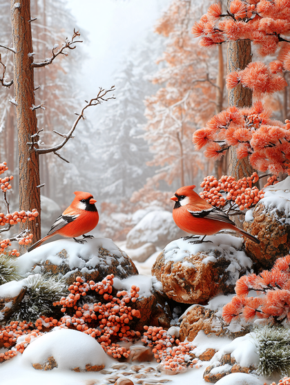Cardinal Pair In Snowy Winter Forest