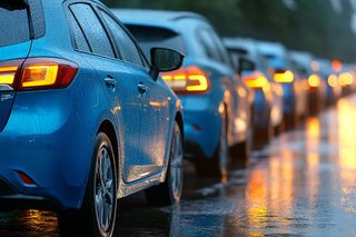 Cars in Traffic on Rainy Street