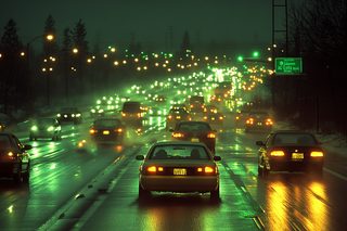Cars on a Wet Highway at Night