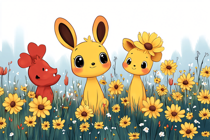 Cartoon Animals In Sunflower Field