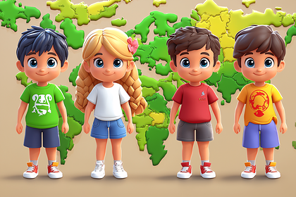 Cartoon Children Standing Before World Map