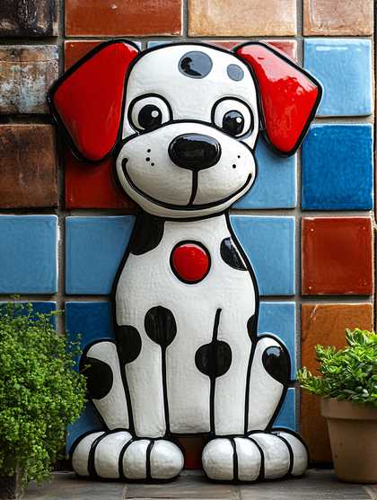 Cartoon Dog Statue on Tiled Wall