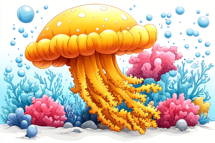 Cartoon Jellyfish in Coral Reef