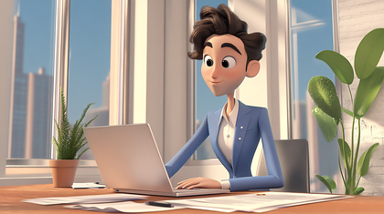 Cartoon Man Working On Laptop In Office