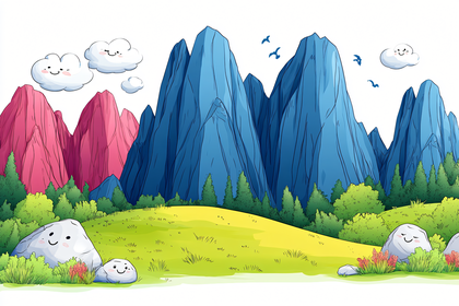 Cartoon Mountain Landscape With Smiling Clouds And Rocks