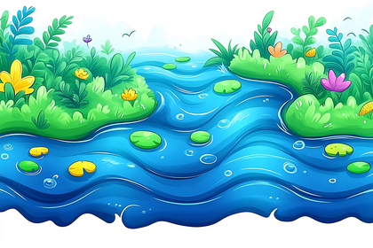 Cartoon River Scene with Lily Pads and Lush Greenery