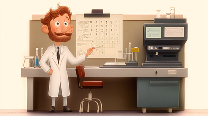 Cartoon Scientist Explaining Experiment in Lab