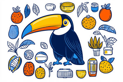 Cartoon Toucan and Tropical Elements