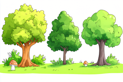 Cartoon Trees And Mushrooms