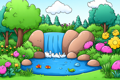 Cartoon Waterfall In Forest Scene