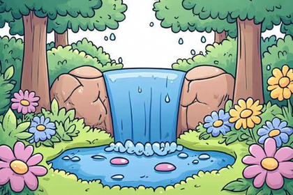 Cartoon Waterfall In Forest Scene