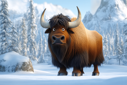 Cartoon Yak in Snowy Landscape